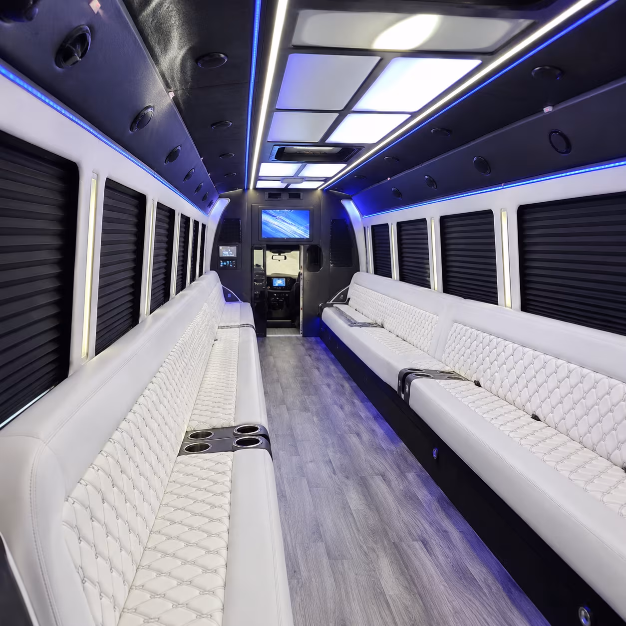 Wedding guests seated inside a party bus serving Glendale